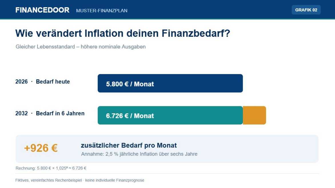Beispielrechnung zur Inflation: monatlicher Finanzbedarf steigt von 5.800 auf 6.726 Euro