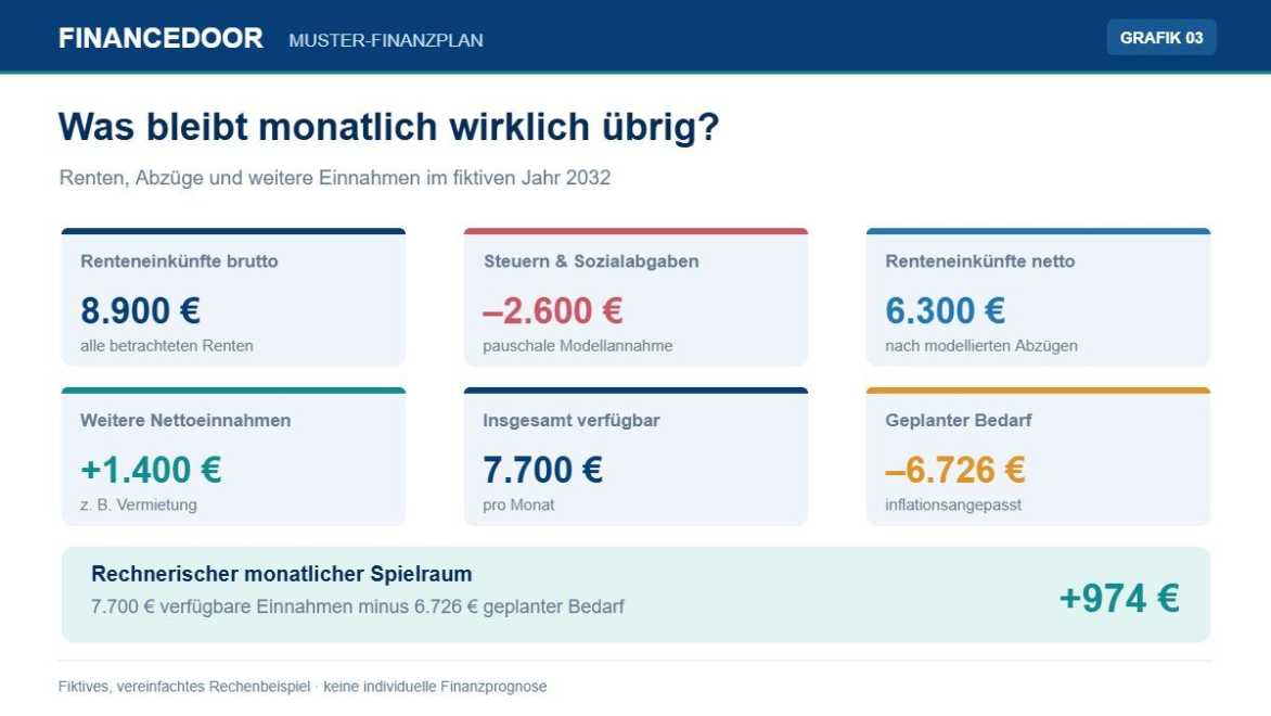 Fiktive Berechnung der monatlich verfügbaren Einnahmen nach Steuern und Sozialabgaben
