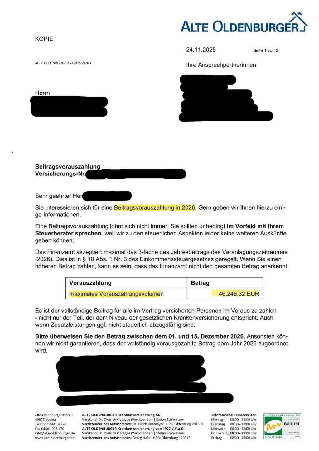 pkv vorauszahlung musterschreiben